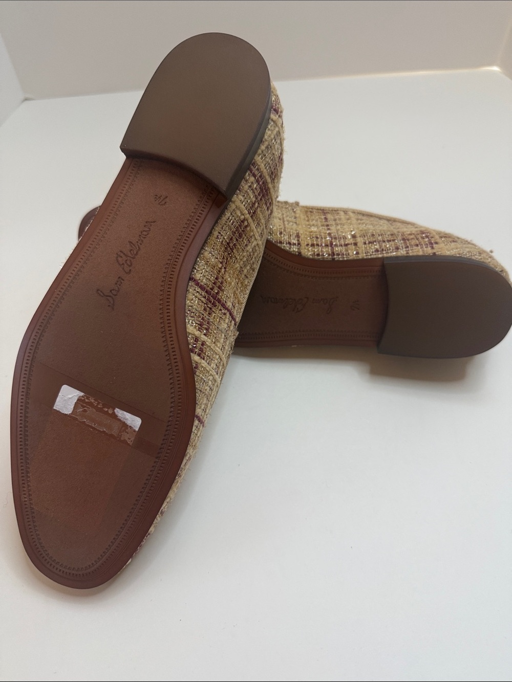NIB Sam Edelman Tweed Loafers Size 7.5 Gold Accent Textured Plaid Flats - Picture 10 of 10